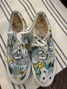 Keds Floral Canvas Rifle Paper co. Sneakers in White, Light Blue, Green, Yellow